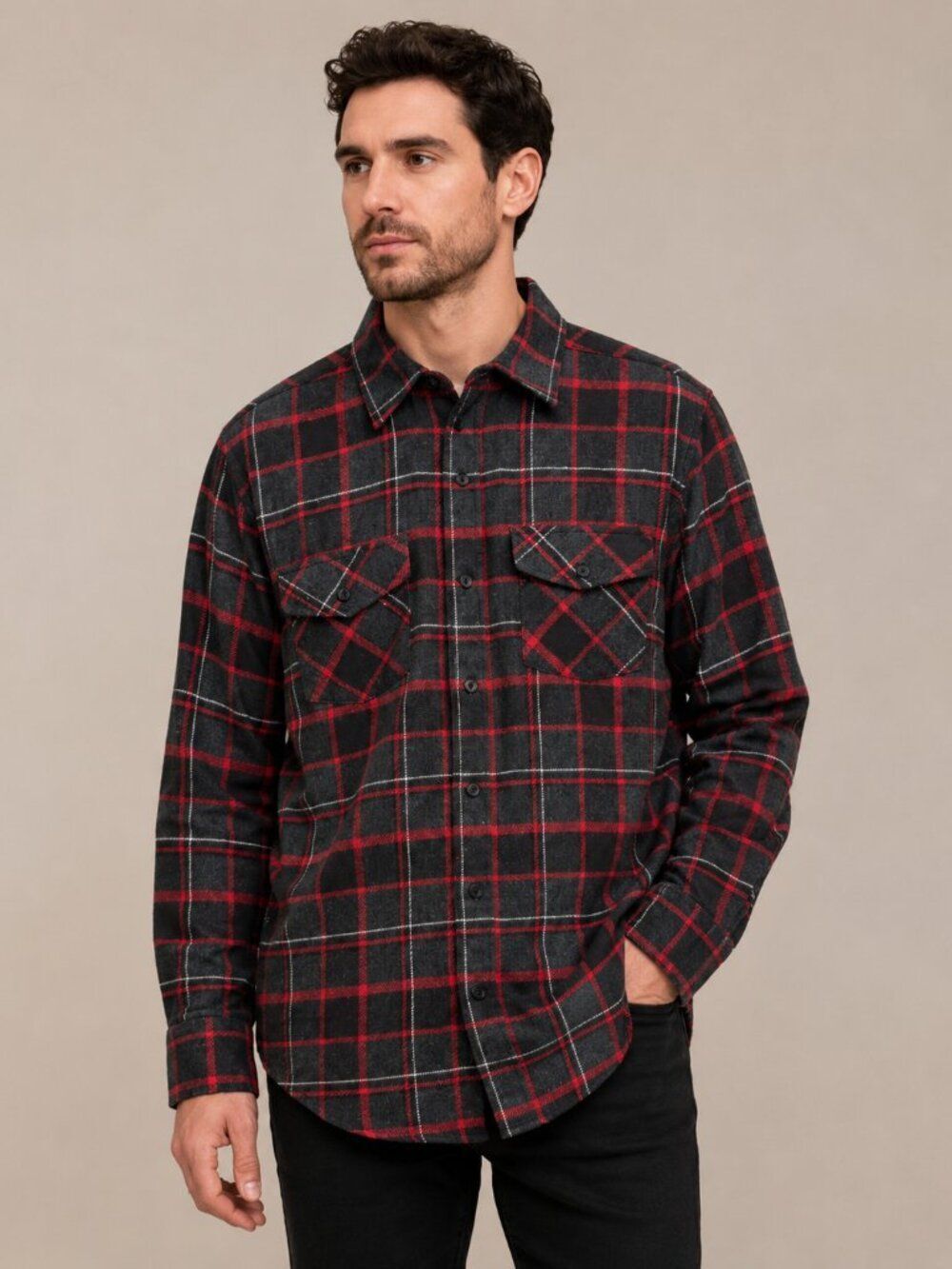 Gioberti Italy Mens Plaid Flannel Shirt M Black Red Lumberjack Button Up